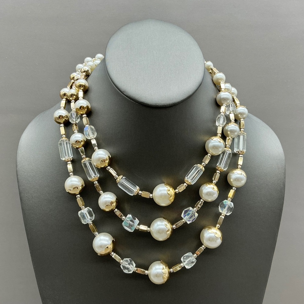 Japan Necklace Women Cream Vintage Multi‎ Strand Faux Pearl Crystal Beaded 17"